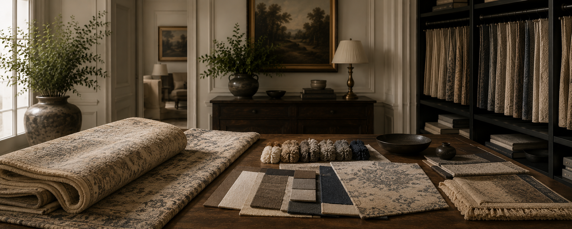 Room scene with custom area rug samples 